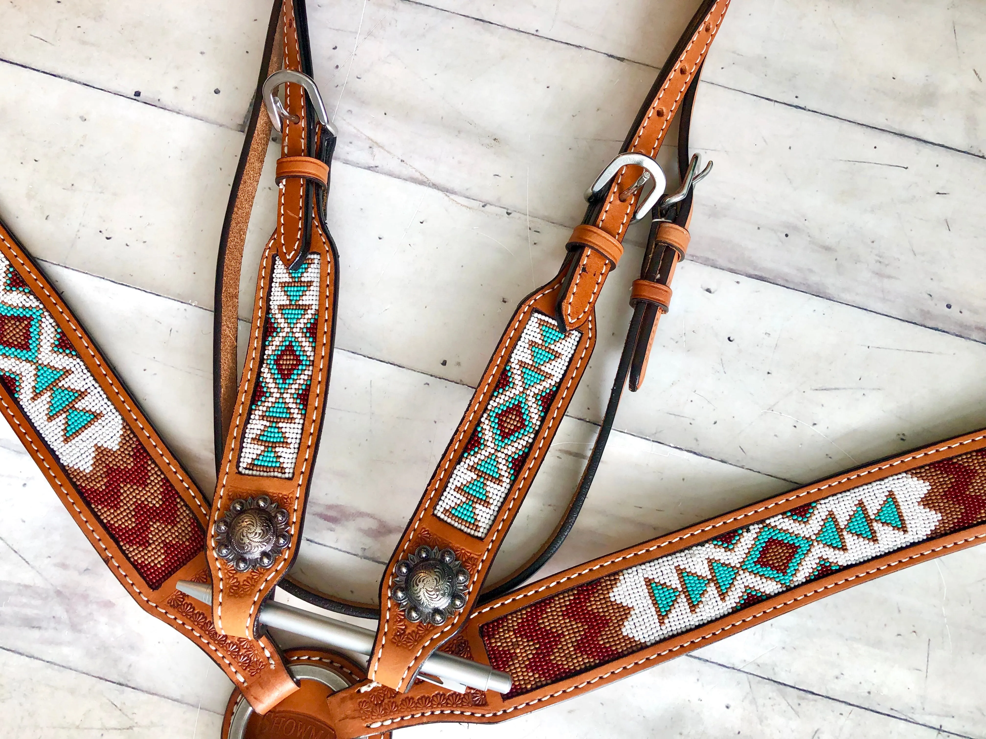 SALE!! White, Teal, Burgundy and Brown Beaded Tack Set