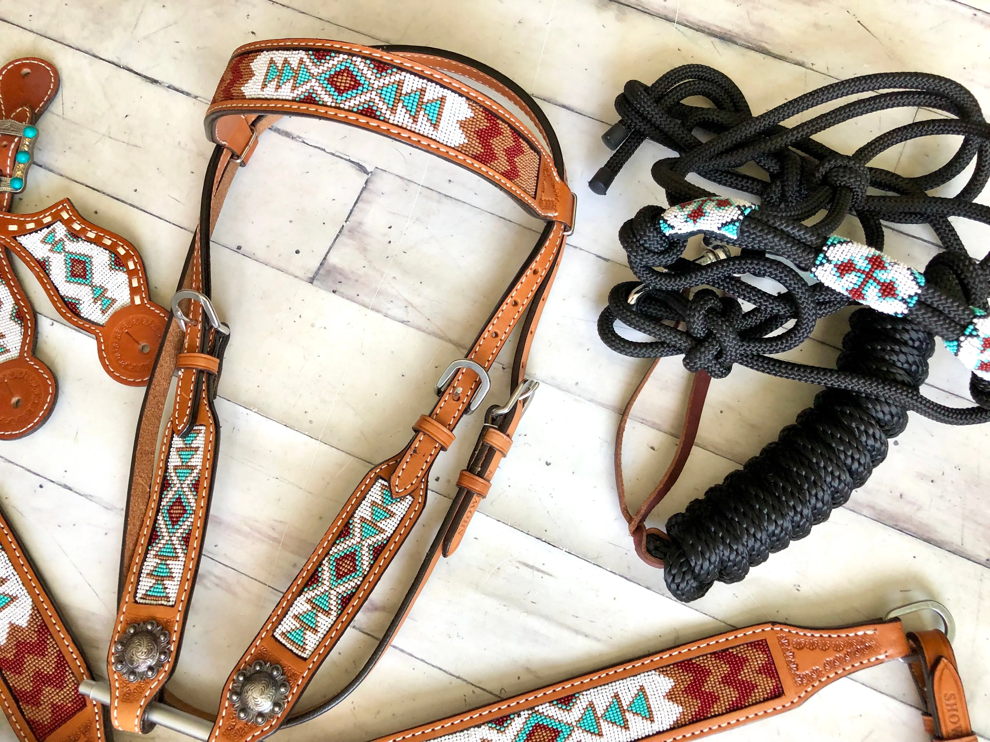 SALE!! White, Teal, Burgundy and Brown Beaded Tack Set