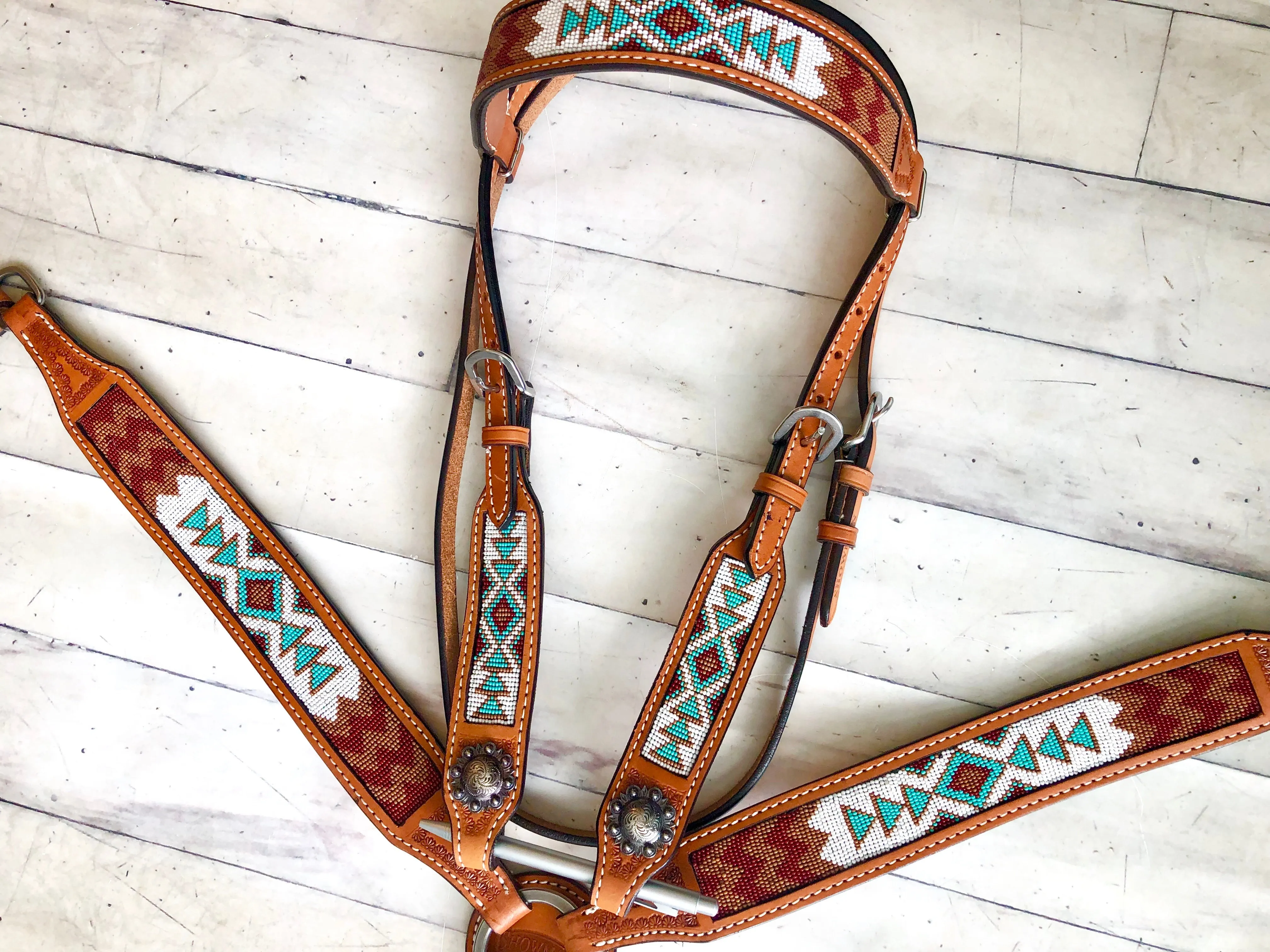 SALE!! White, Teal, Burgundy and Brown Beaded Tack Set