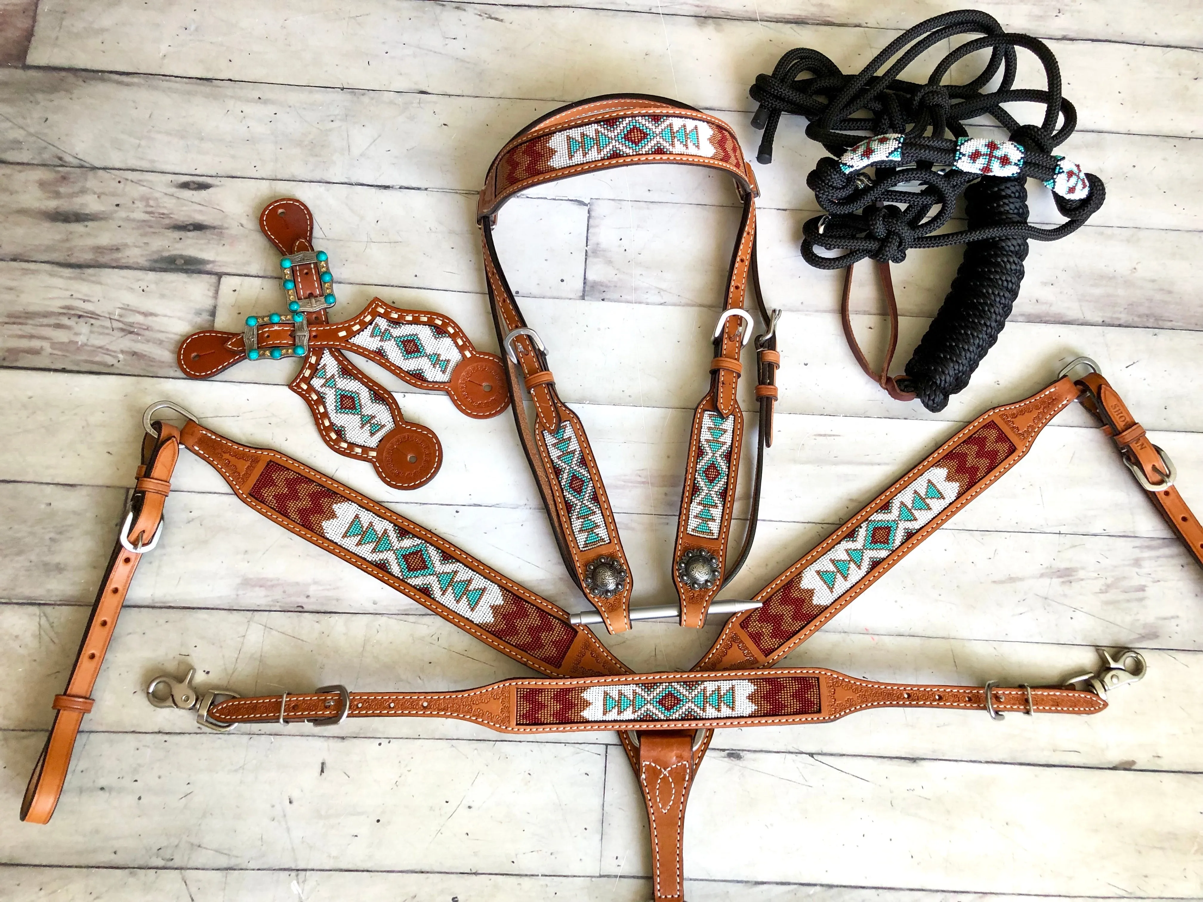 SALE!! White, Teal, Burgundy and Brown Beaded Tack Set