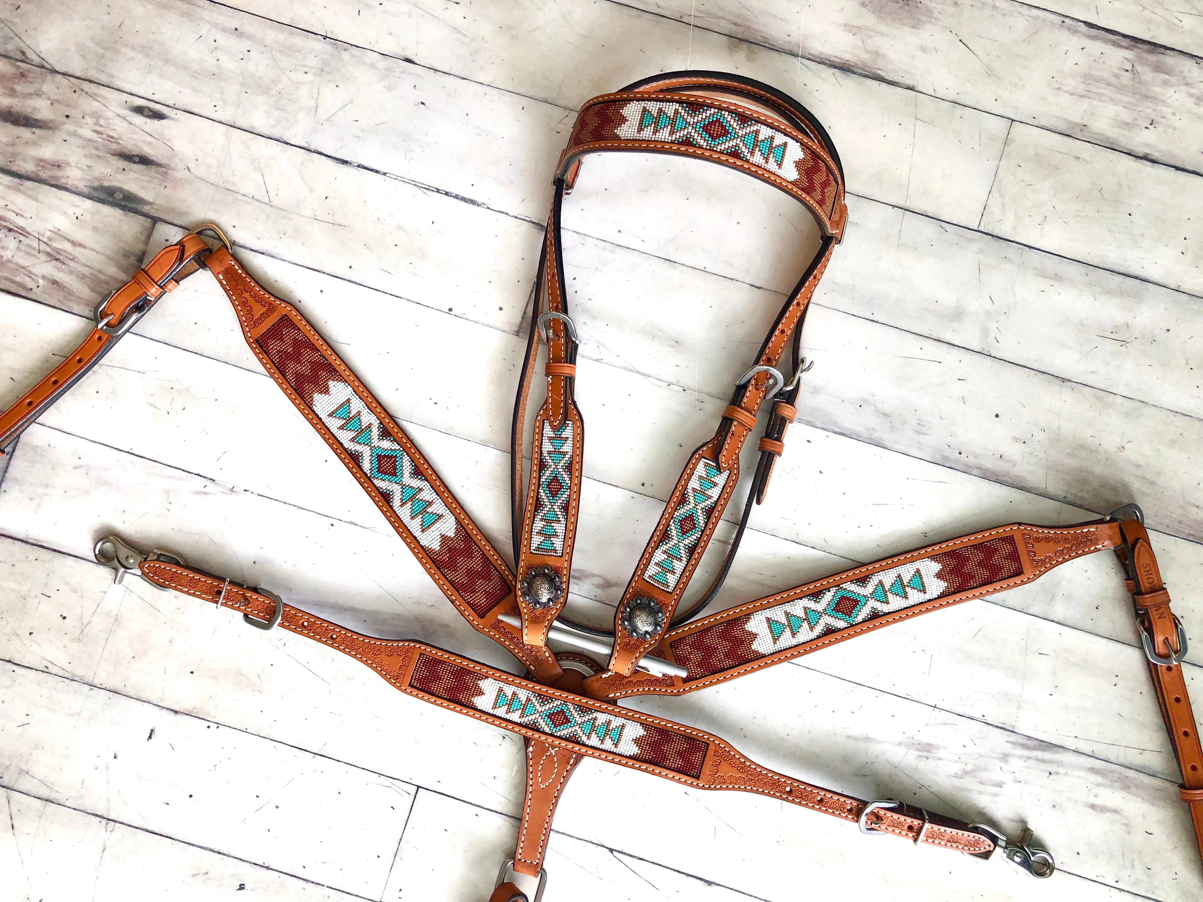 SALE!! White, Teal, Burgundy and Brown Beaded Tack Set