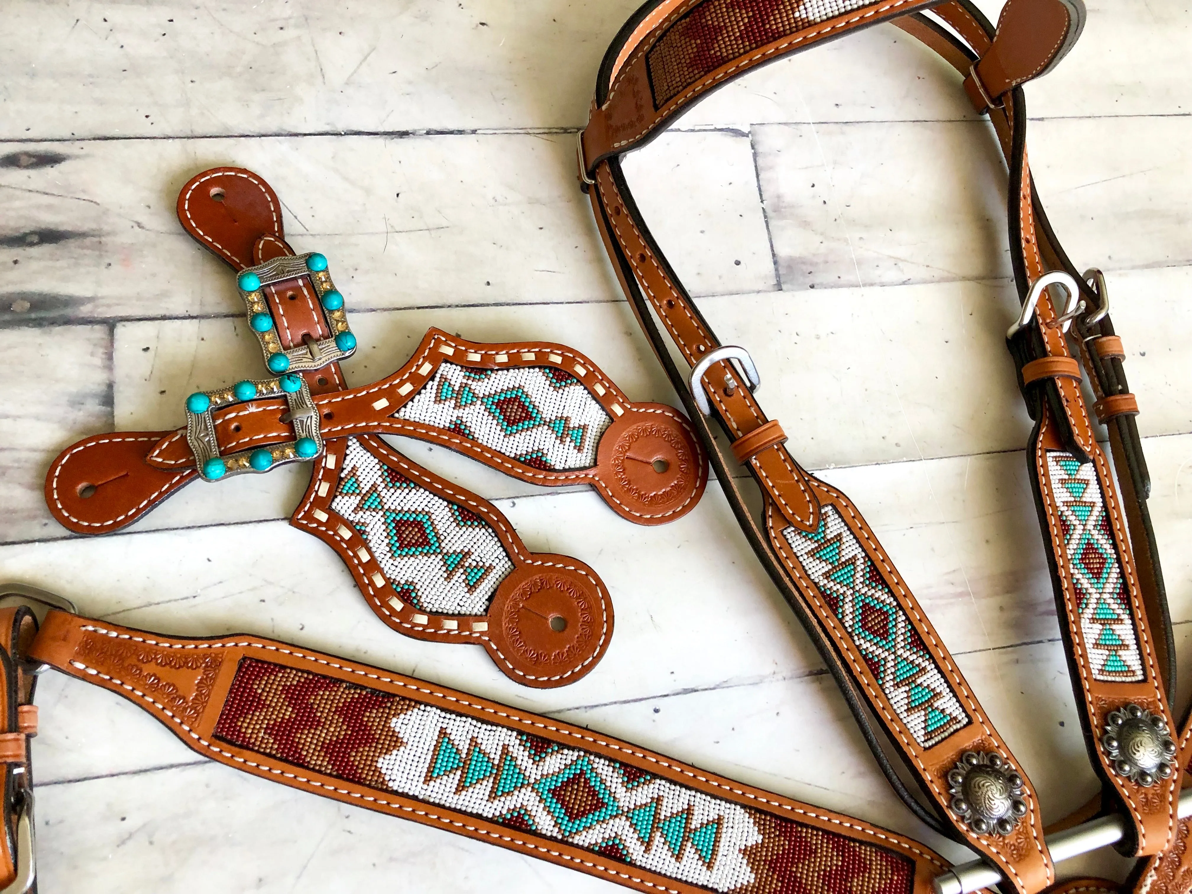 SALE!! White, Teal, Burgundy and Brown Beaded Tack Set