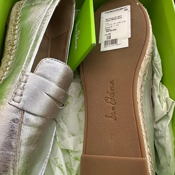 Sam Edelman Kai Espadrille Flat Silver Loafer Shoes Women's Size 8M Leather