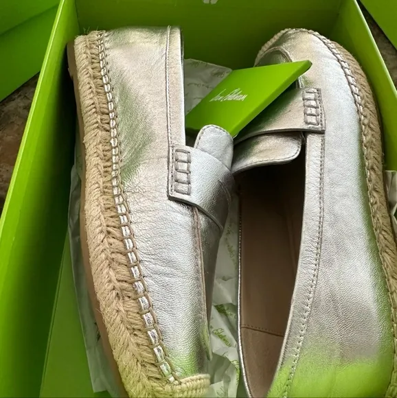 Sam Edelman Kai Espadrille Flat Silver Loafer Shoes Women's Size 8M Leather