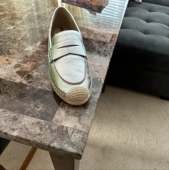 Sam Edelman Kai Espadrille Flat Silver Loafer Shoes Women's Size 8M Leather