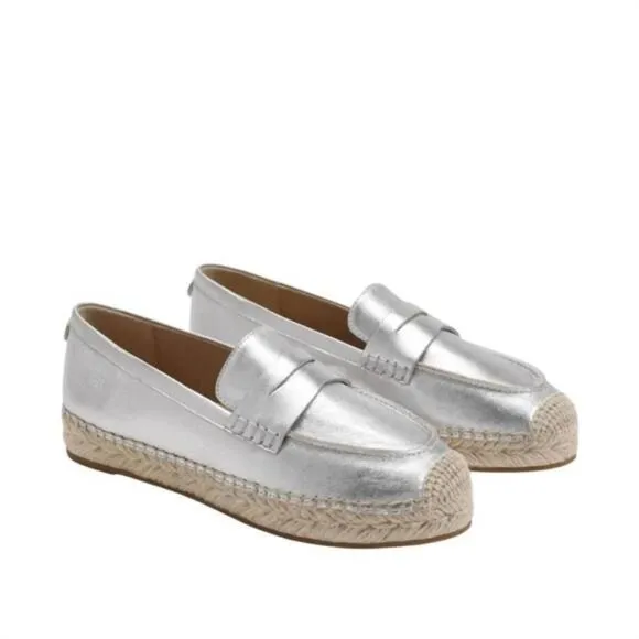 Sam Edelman Kai Espadrille Flat Silver Loafer Shoes Women's Size 8M Leather