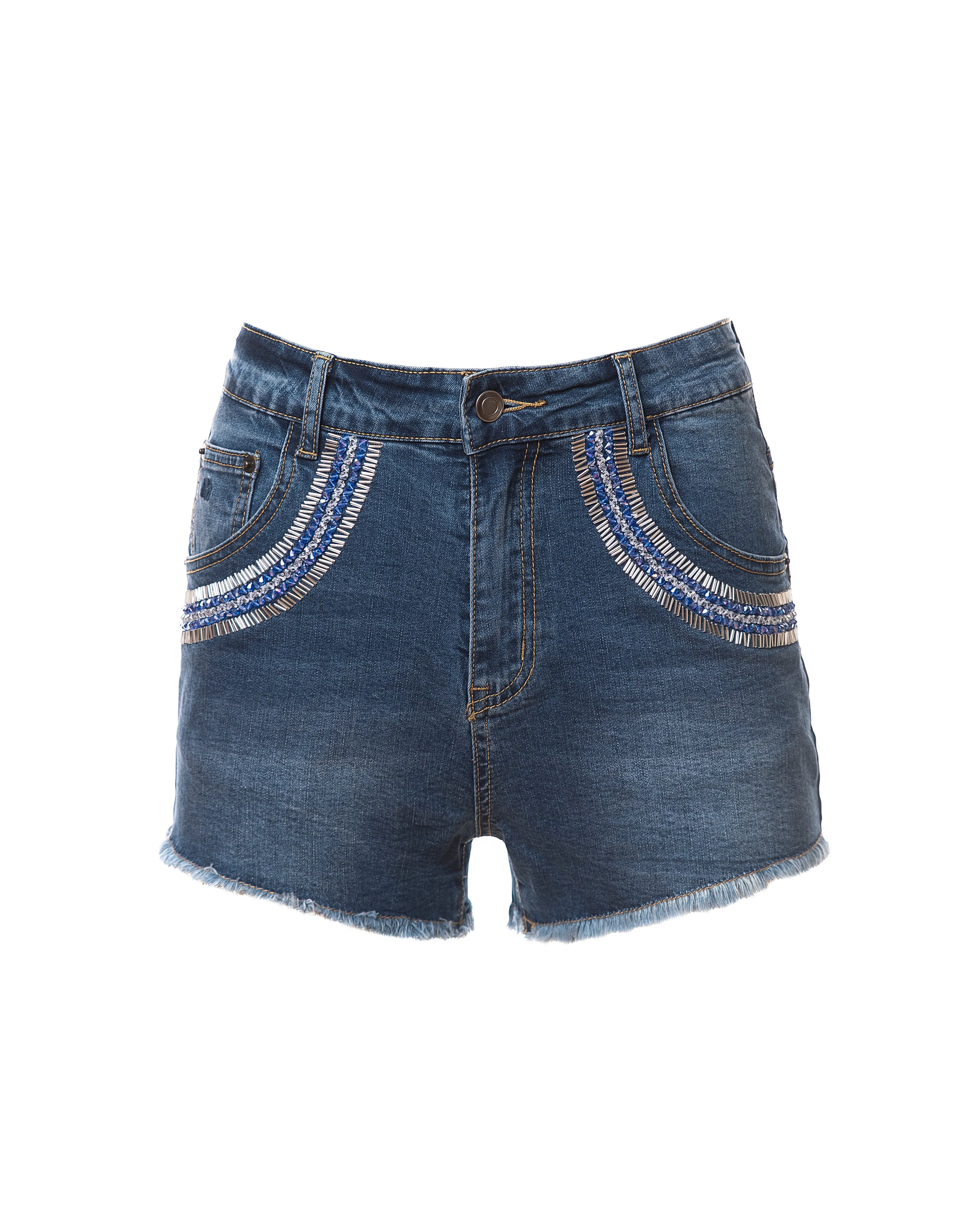 Samantha Beaded Denim Shorts, Indigo/Blue/Silver