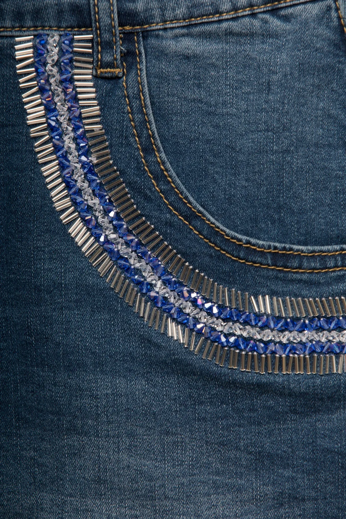 Samantha Beaded Denim Shorts, Indigo/Blue/Silver