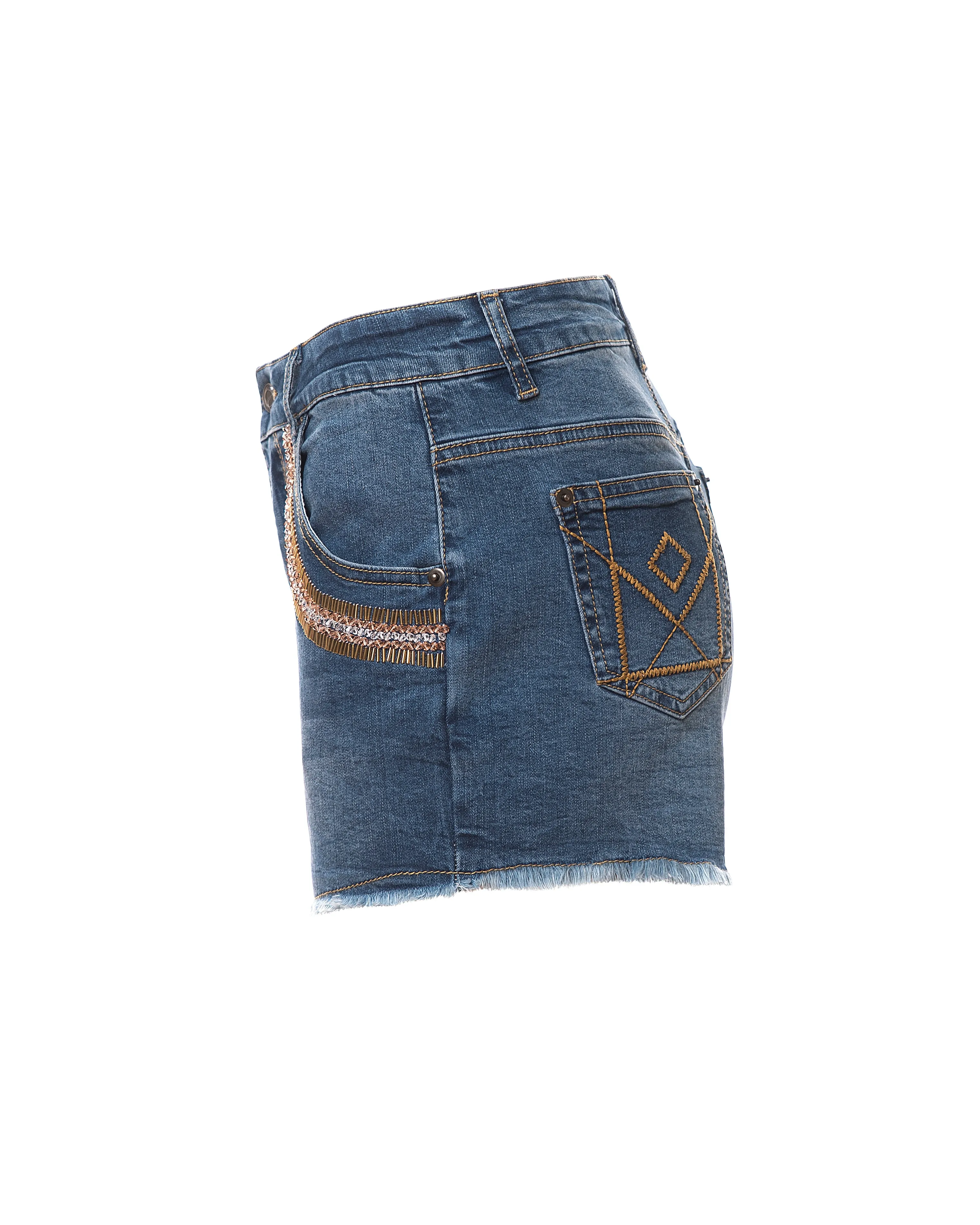 Samantha Beaded Denim Shorts, Indigo/Rose/Gold