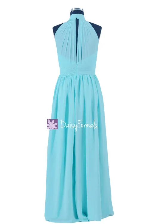 Sea Blue Chiffon Bridesmaids Dress Long Light Blue Halter Neckline Party Dress (BM5742)