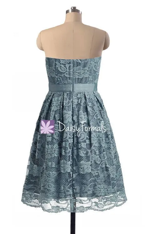 Sea Blue Lace Prom Dress Birthday Party Dress Strapless Lace Bridesmaids Dress (BM2345)