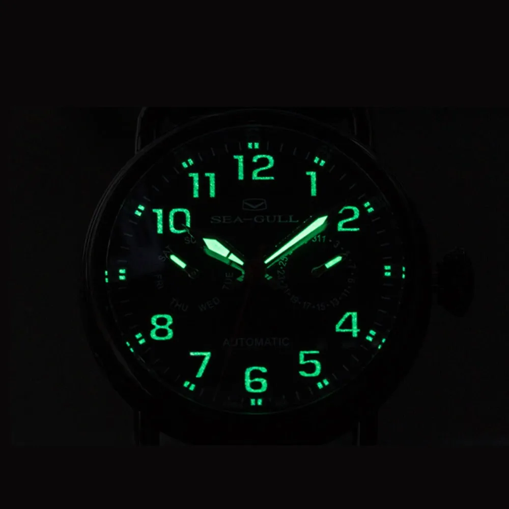 Seagull Military Watch Black PVD Case Auto Date Week Display Mechanical Watch 811.23.5026H