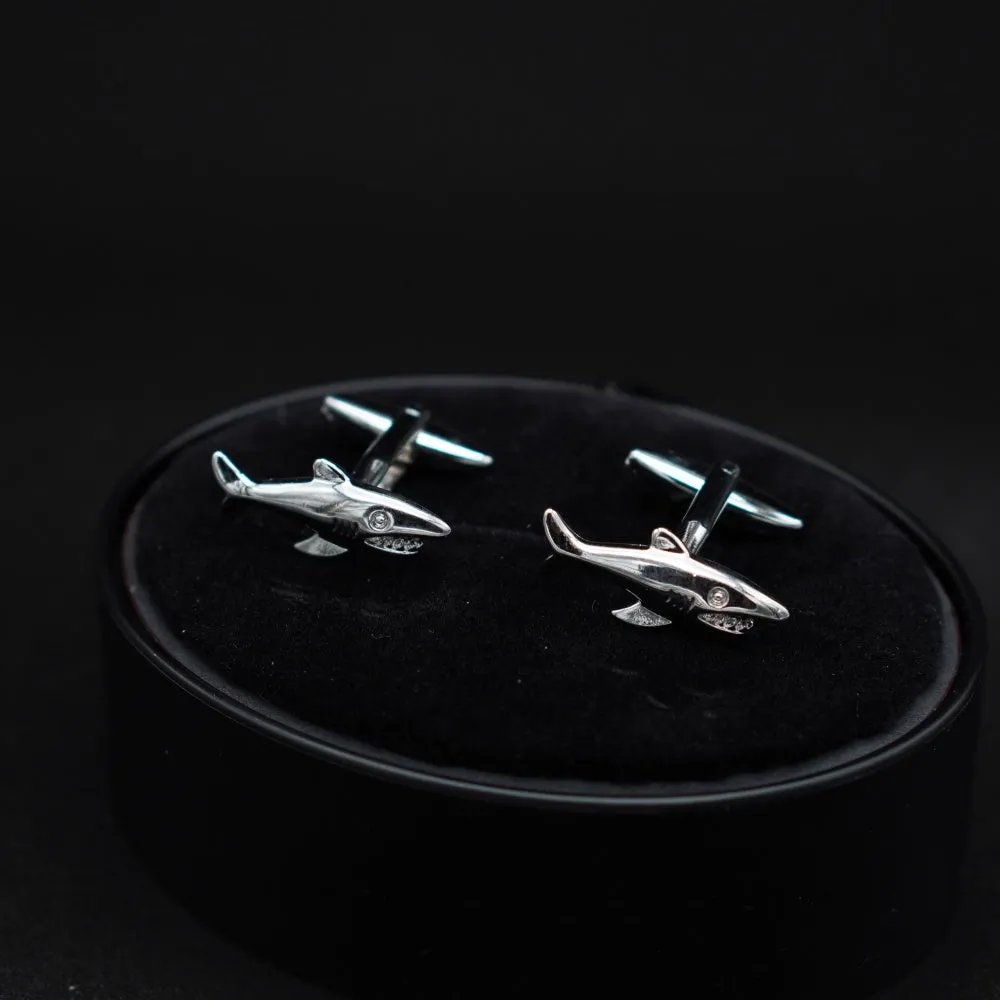 Shark Silver Cufflinks black leather box