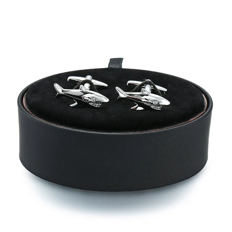 Shark Silver Cufflinks black leather box