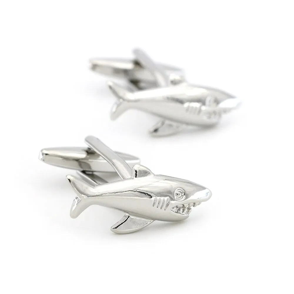Shark Silver Cufflinks black leather box