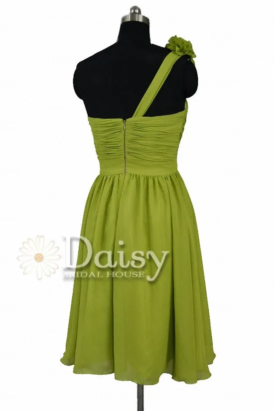 Short Bright Olive Chiffon Dress One-Shoulder Bridesmaid Dress W/Fabric Flowers(BM223)