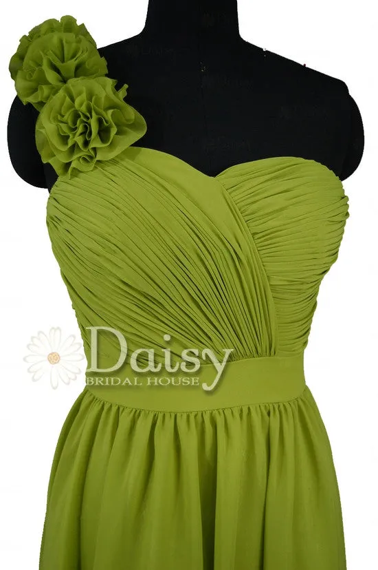 Short Bright Olive Chiffon Dress One-Shoulder Bridesmaid Dress W/Fabric Flowers(BM223)