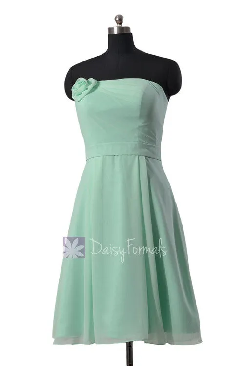 Short Strapless Chiffon Bridesmaid Dress Mint Formal Dress w/ Flowers(BM268A)