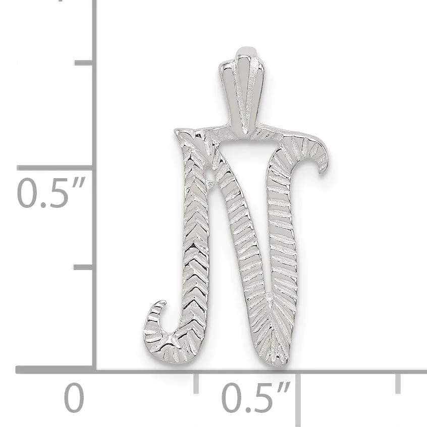 Silver Polished Textured Letter N Charm Pendant