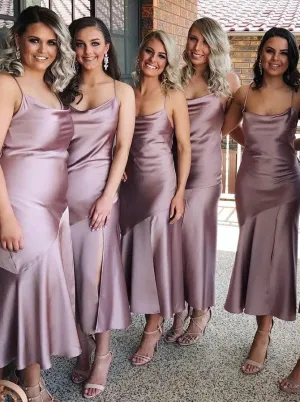 Spaghetti Straps Sleeveless Lilac Satin Bridesmaid Dress  (BMA20137)