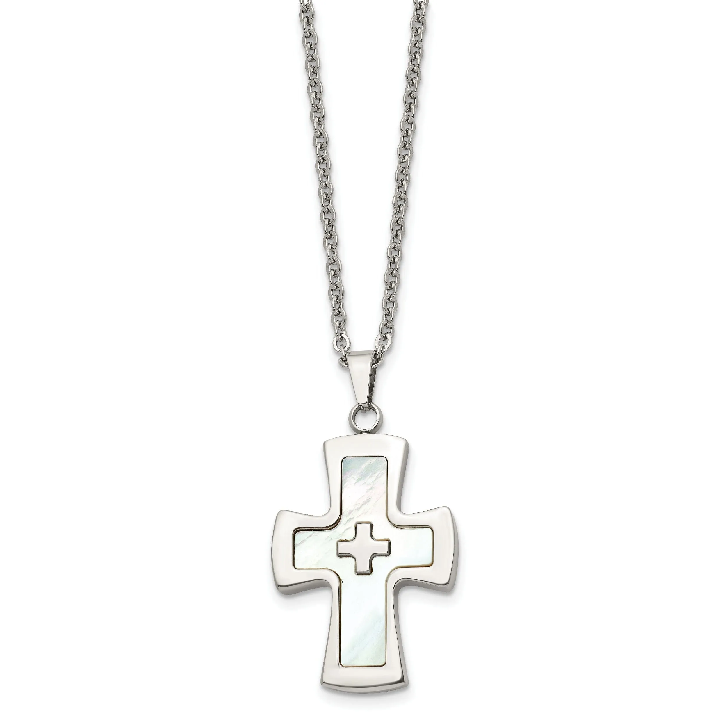 Steel Polished Mother Of Pearl Cross Necklace