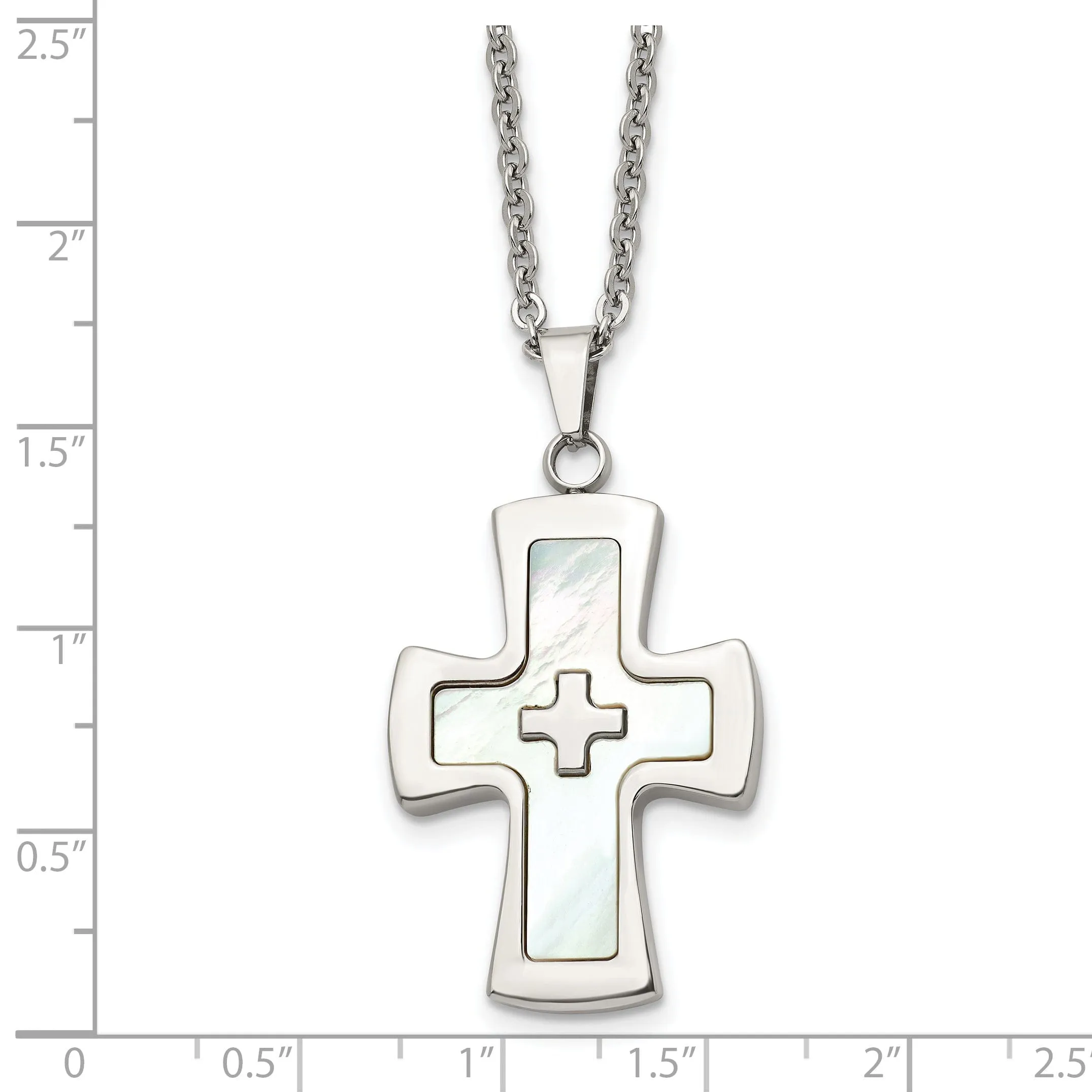 Steel Polished Mother Of Pearl Cross Necklace