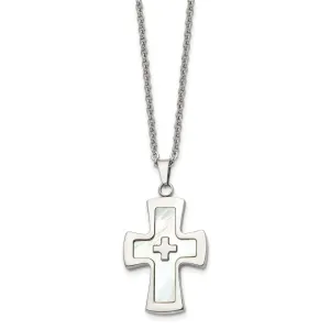 Steel Polished Mother Of Pearl Cross Necklace