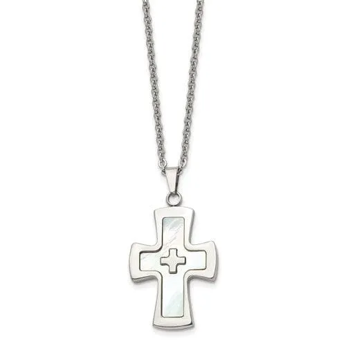 Steel Polished Mother Of Pearl Cross Necklace