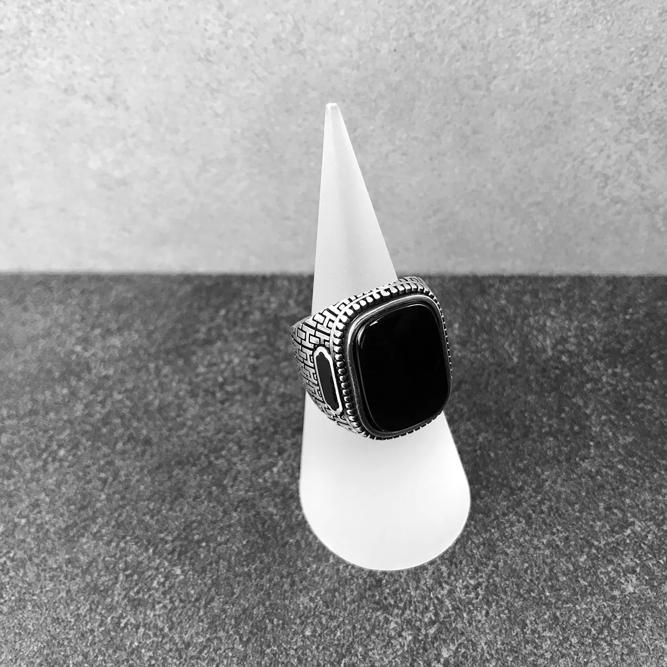 Sterling Silver Statement Ring with Large Curved Polished Black Onyx Gemstone