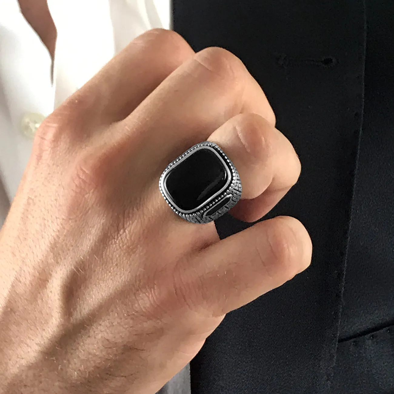 Sterling Silver Statement Ring with Large Curved Polished Black Onyx Gemstone