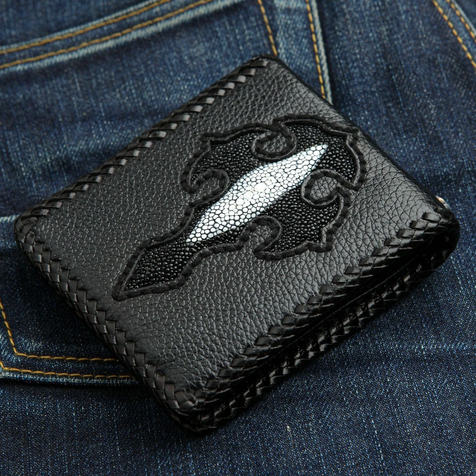 Stingray Leather Black Cross Biker Wallet