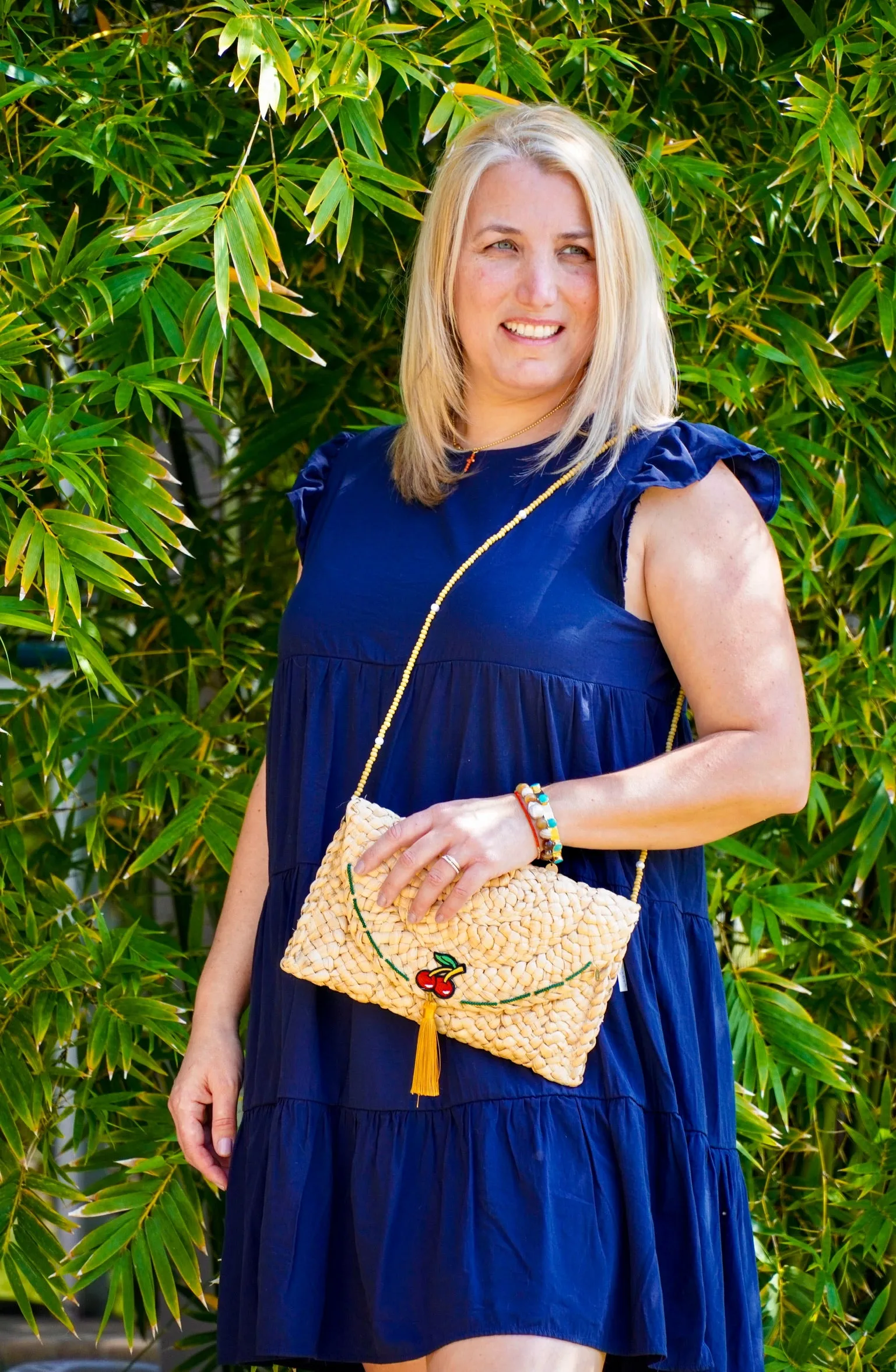 Straw Clutch with Embroidered Cherry and Silk Tassel 520-1 | Erika Williner Designs
