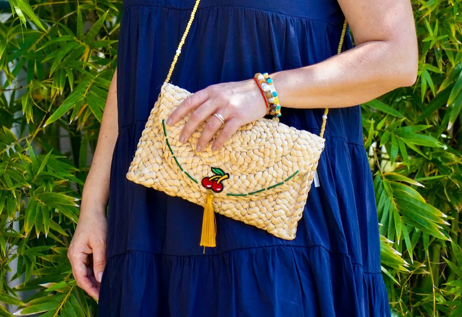 Straw Clutch with Embroidered Cherry and Silk Tassel 520-1 | Erika Williner Designs