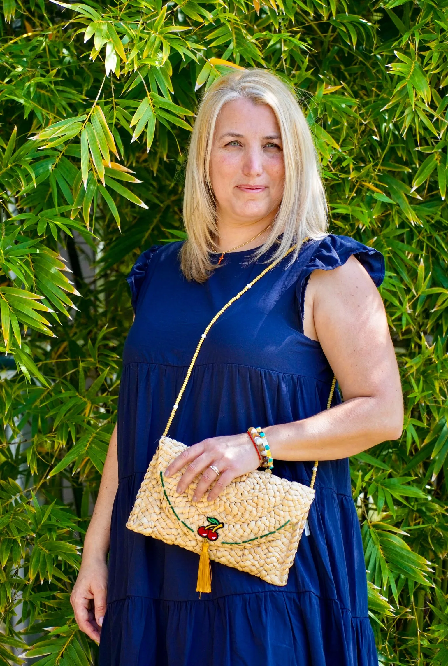 Straw Clutch with Embroidered Cherry and Silk Tassel 520-1 | Erika Williner Designs