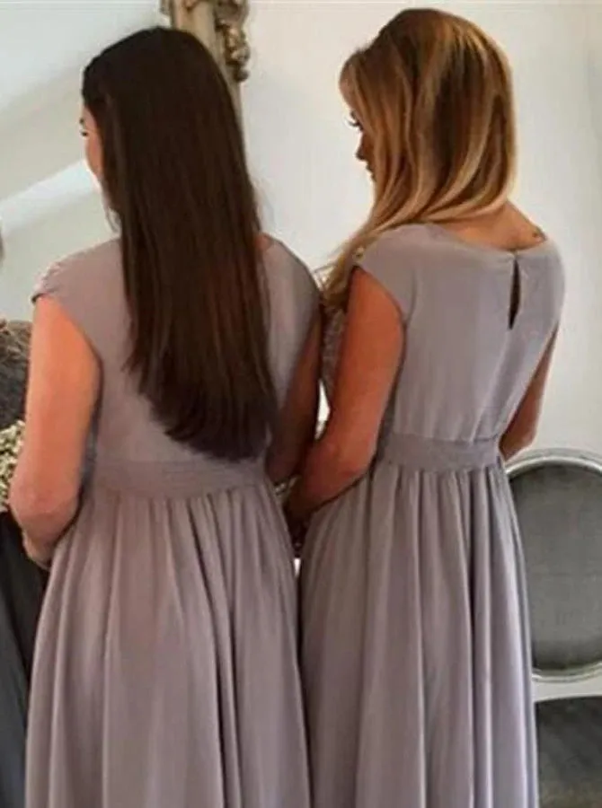 Stunning Bateau Cap Sleeves Floor Length Grey Bridesmaid Dress with Sash Lace Top (BMA2032)