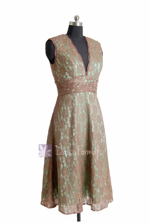 Tea Length Pale Brown Bridesmaid Dress Vintage Lace Formal Dress W/V-Neck(BM3730T)