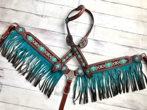 Teal Beaded Ombre Fringe Leather Tack Set