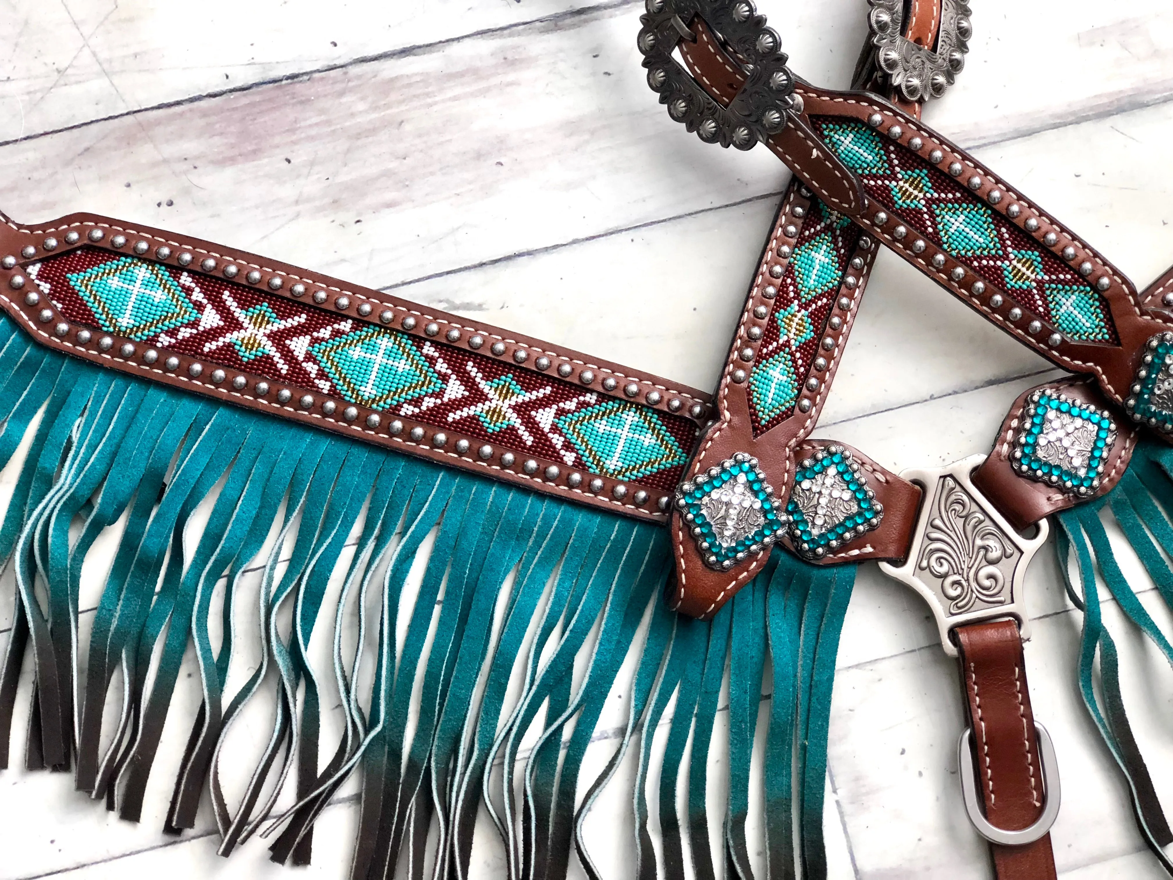 Teal Beaded Ombre Fringe Leather Tack Set