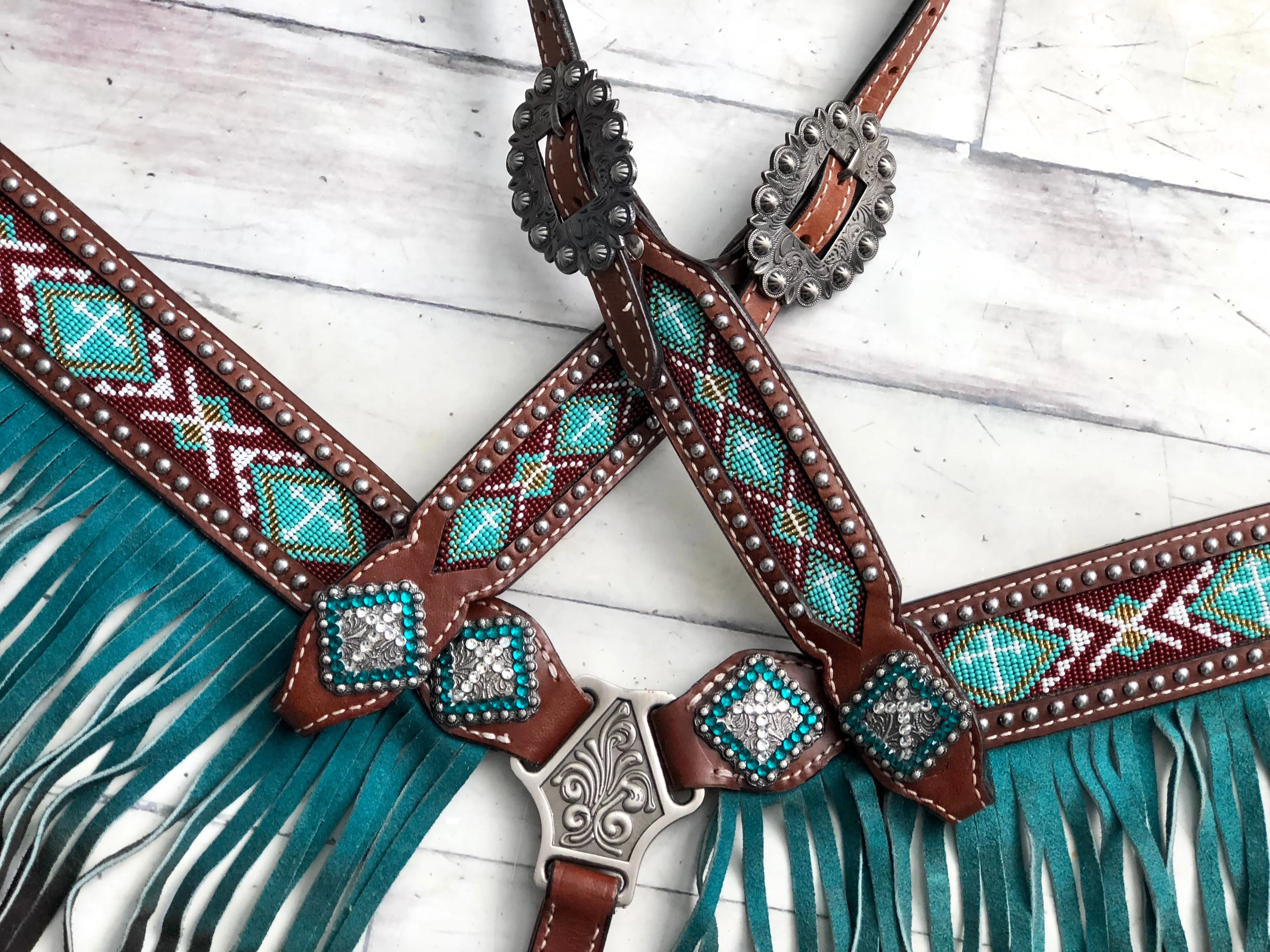 Teal Beaded Ombre Fringe Leather Tack Set