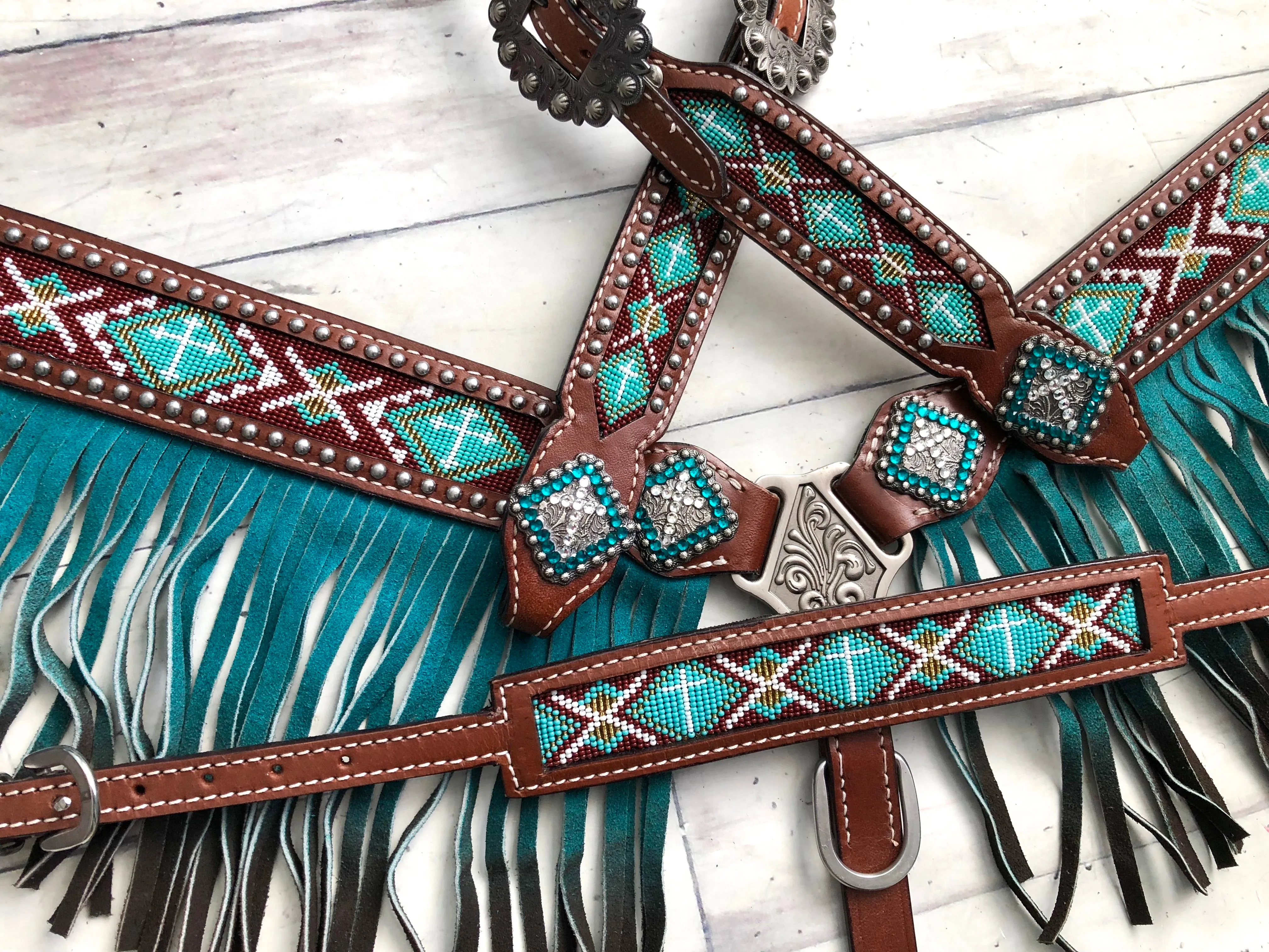 Teal Beaded Ombre Fringe Leather Tack Set