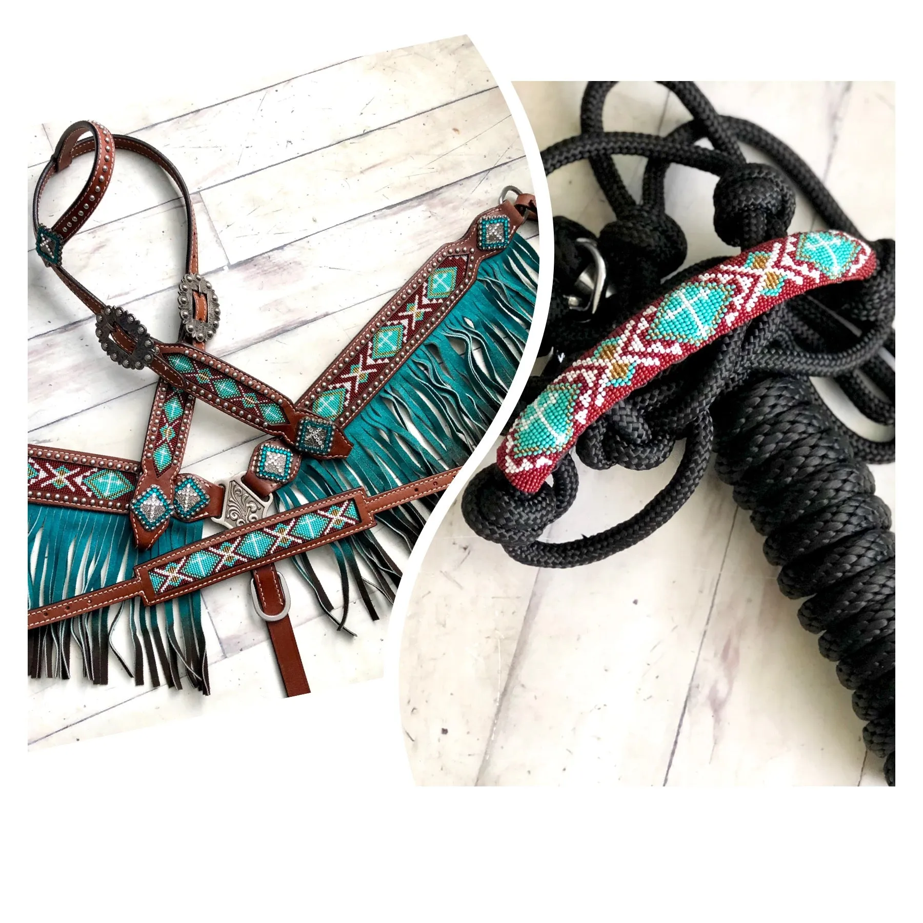 Teal Beaded Ombre Fringe Leather Tack Set