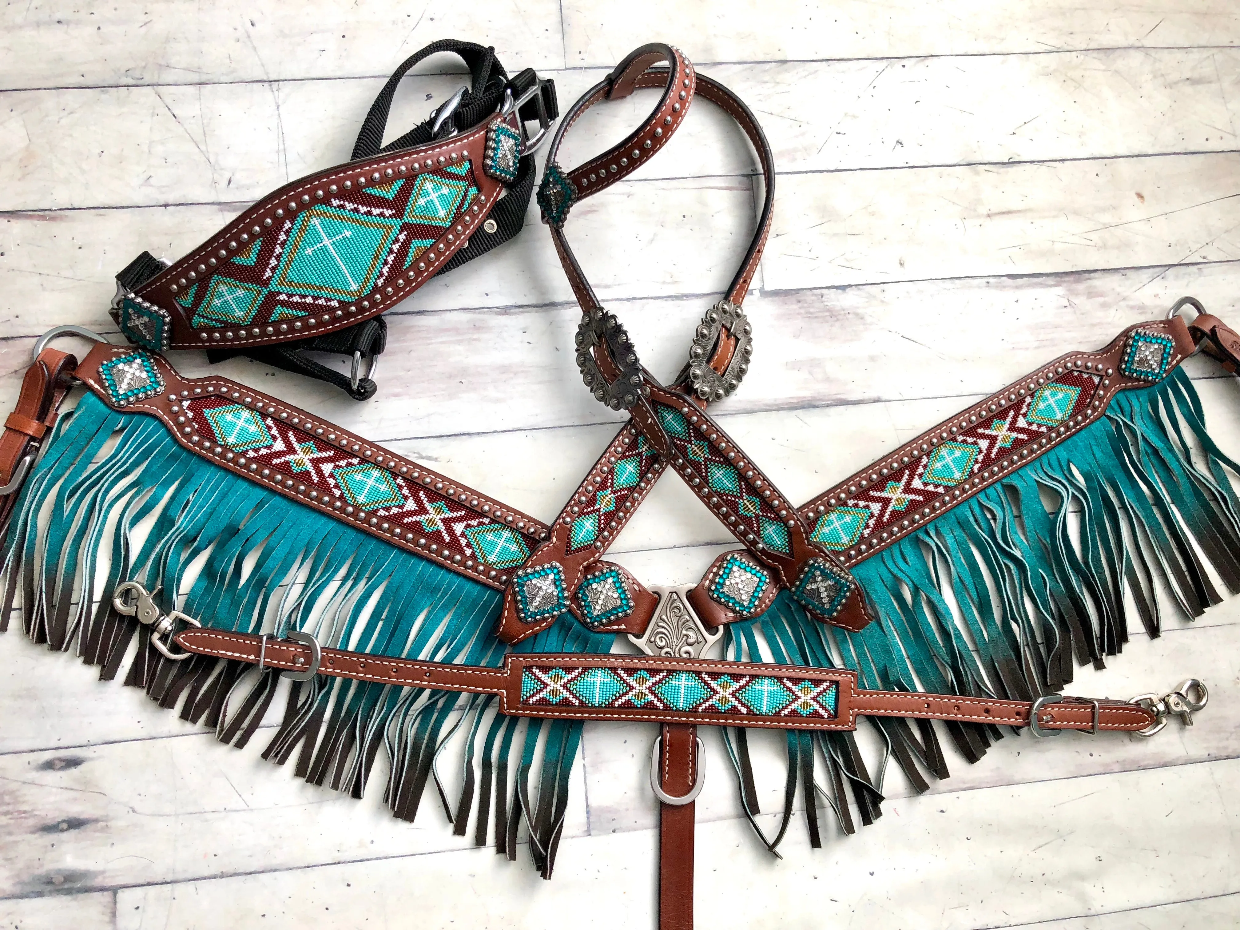 Teal Beaded Ombre Fringe Leather Tack Set
