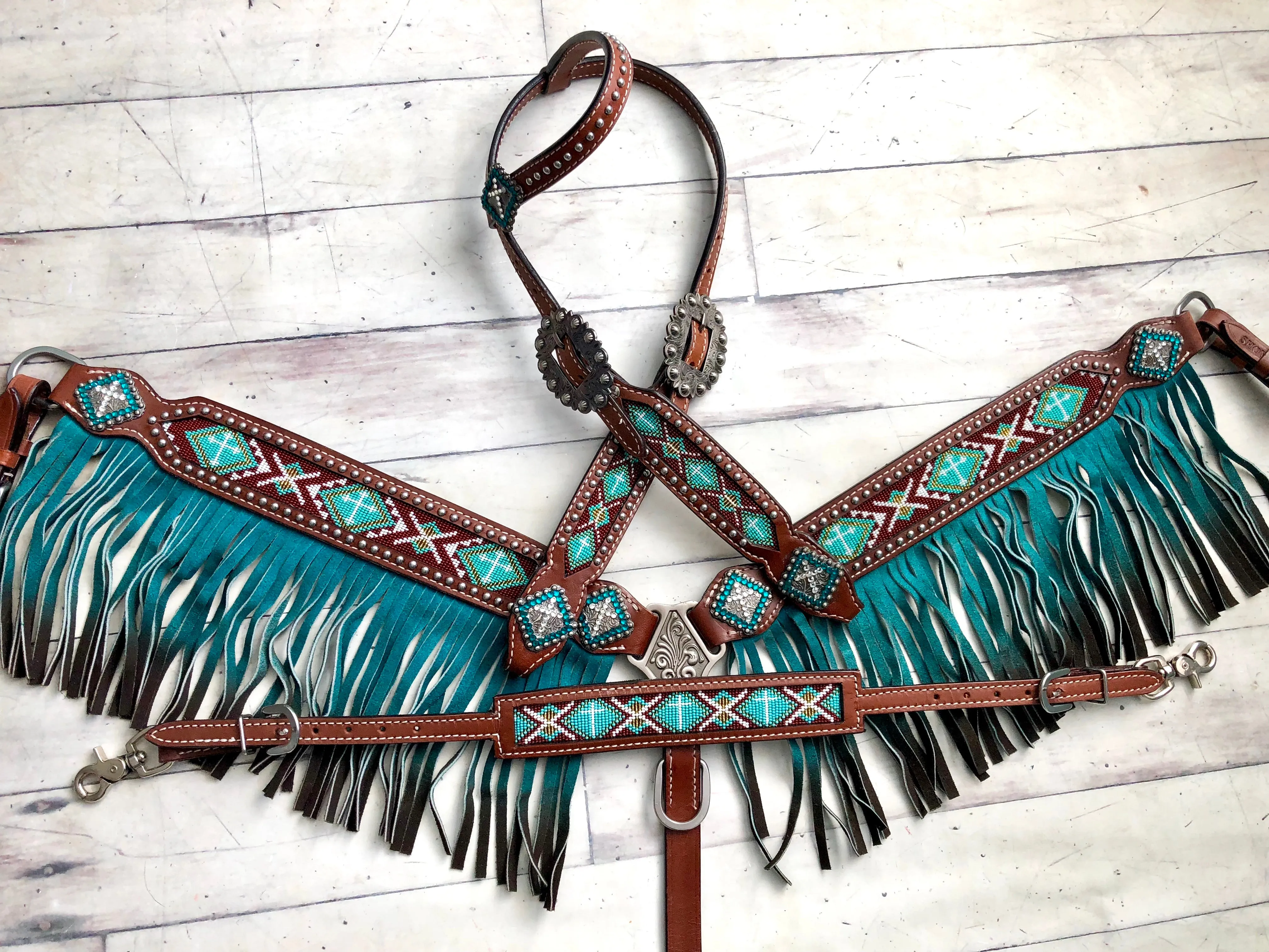 Teal Beaded Ombre Fringe Leather Tack Set