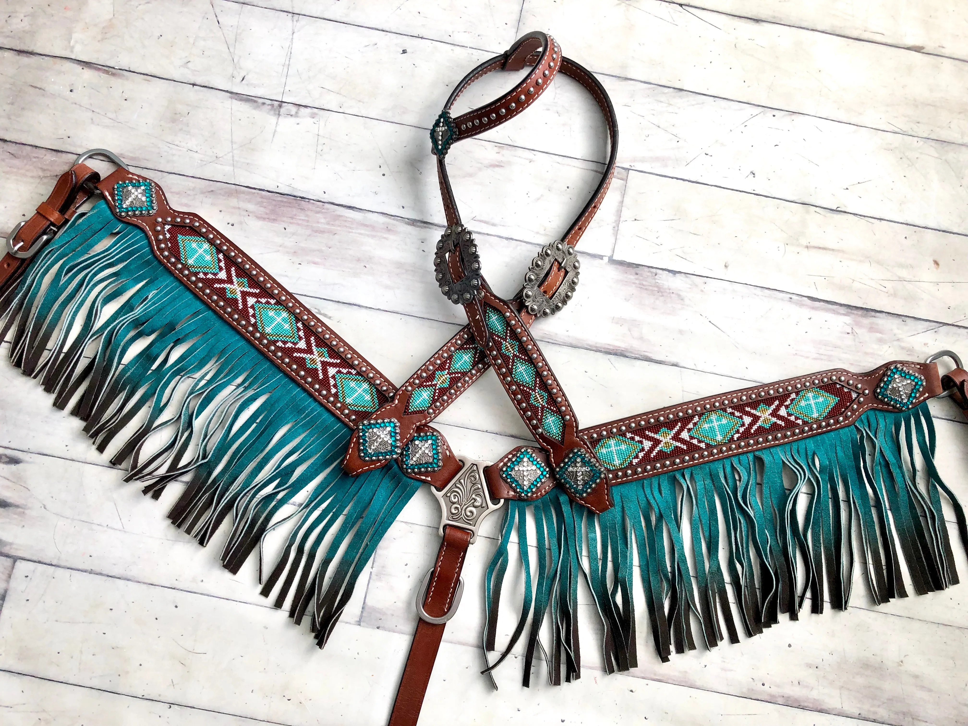 Teal Beaded Ombre Fringe Leather Tack Set