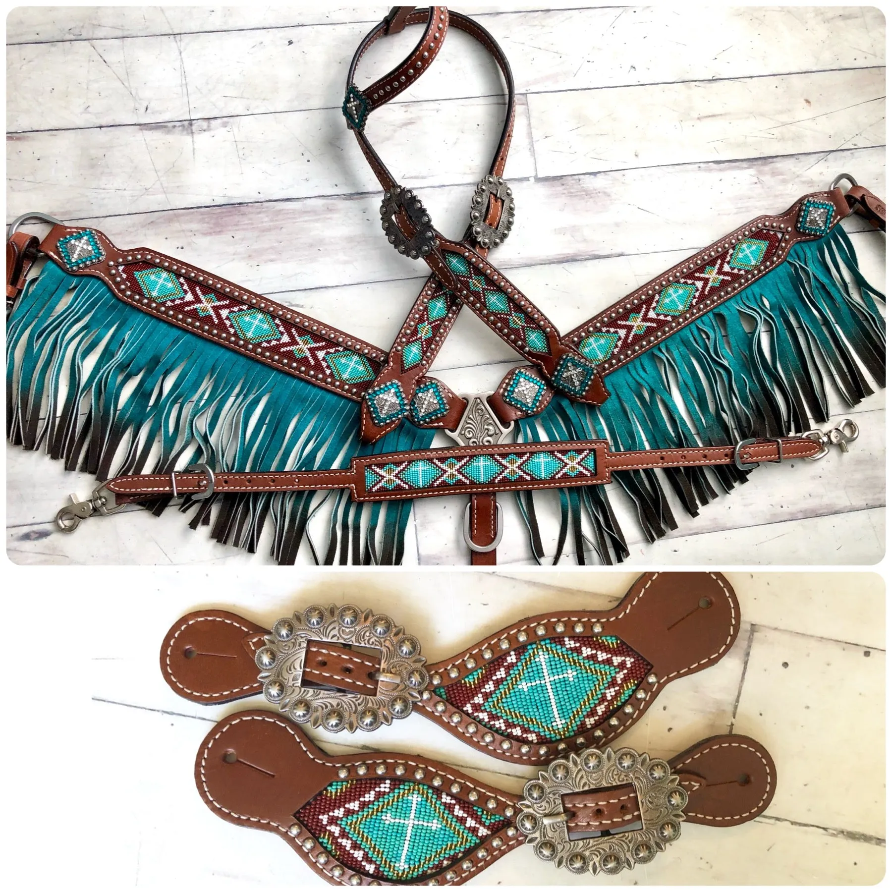 Teal Beaded Ombre Fringe Leather Tack Set