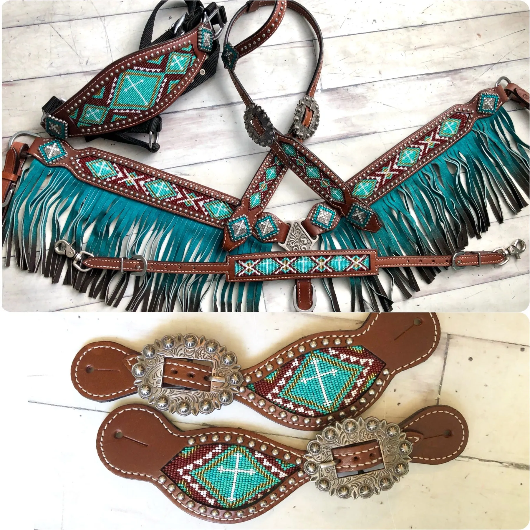 Teal Beaded Ombre Fringe Leather Tack Set