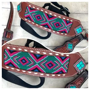 Teal Green and Pink Beaded Inset, Buckstitch Bronc Halter
