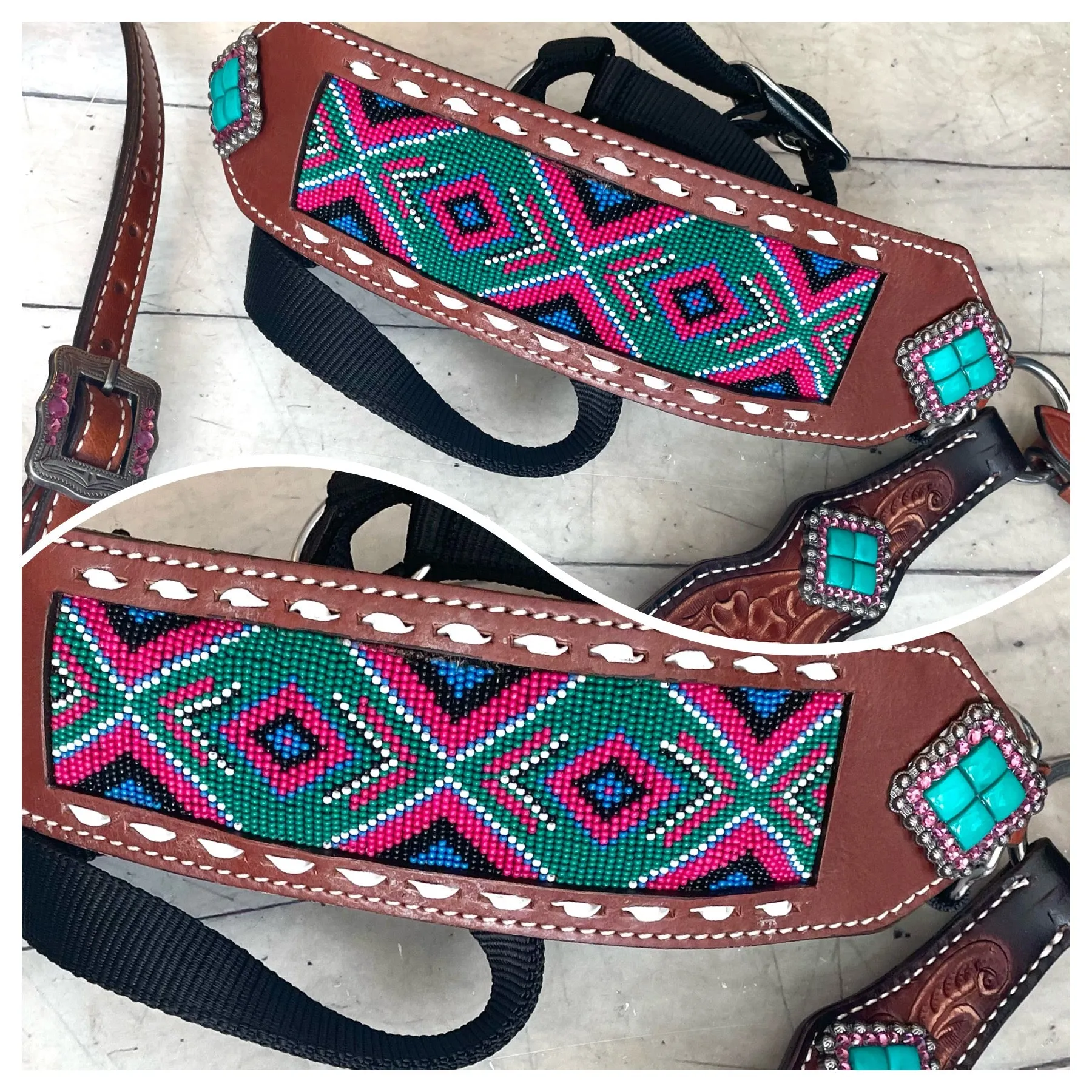 Teal Green and Pink Beaded Inset, Buckstitch Bronc Halter