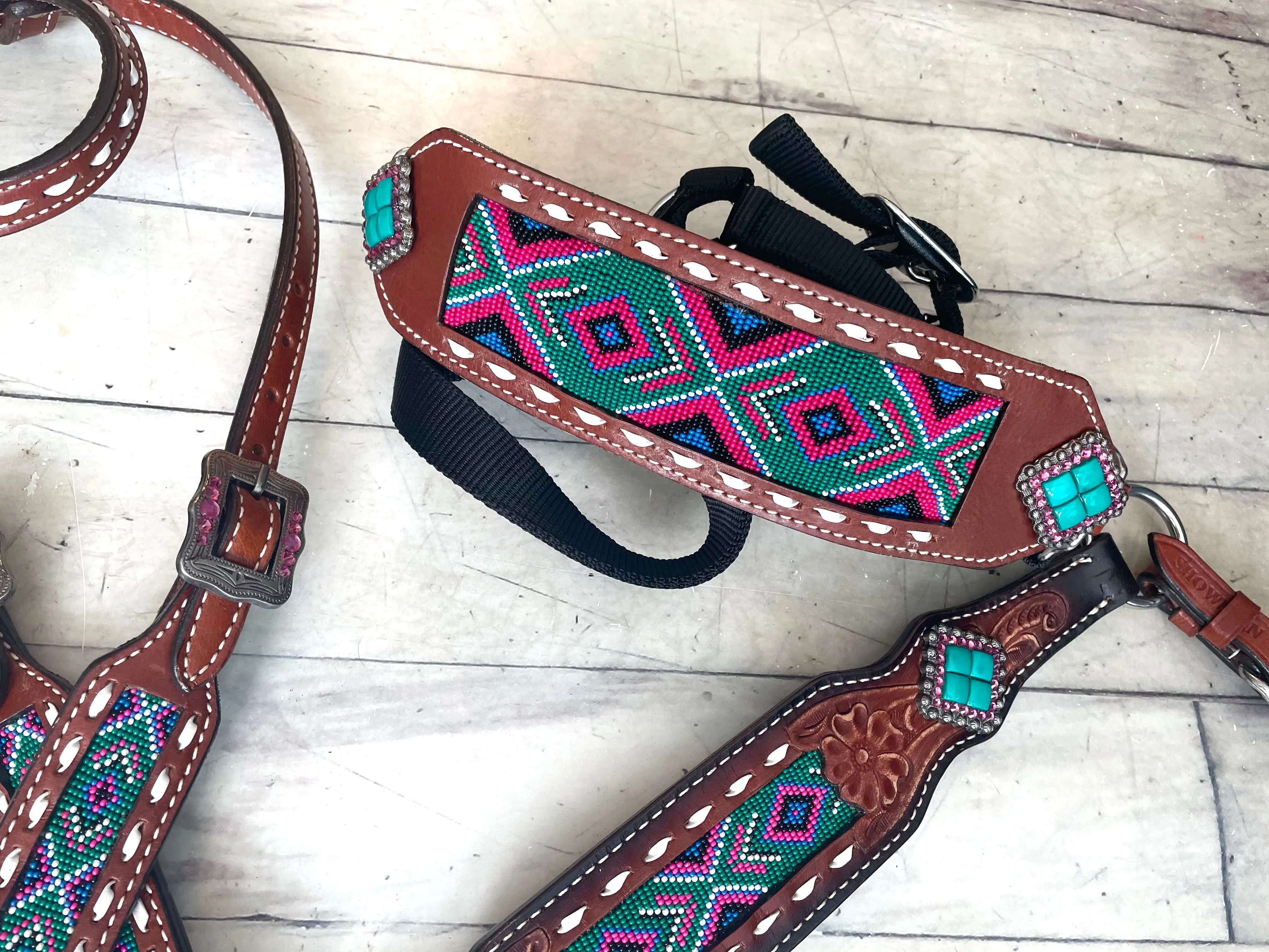 Teal Green and Pink Beaded Inset, Buckstitch Bronc Halter