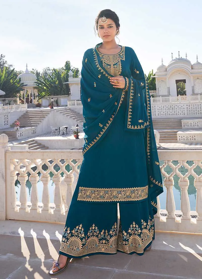 Teal Heavy Embroidered Sharara Style Suit